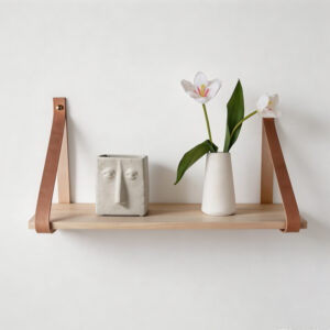 Minimalist Solid Wood Floating Shelf with Leather Strap Brackets