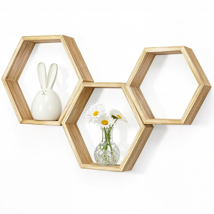 Display Wooden Hexagon Wall Mounted Floating Shelf Furniture