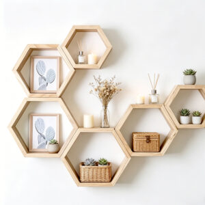 Display Wooden Hexagon Wall Mounted Floating Shelf Furniture