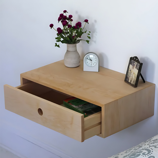 Modern Floating Nightstand with Drawer - Solid Wood Wall-Mounted Bedside Shelf Storage