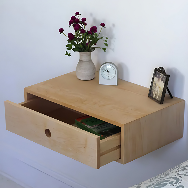 Modern Floating Nightstand with Drawer - Solid Wood Wall-Mounted Bedside Shelf Storage