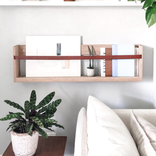 Modern Wall-Mounted Pine Wood Magazine Rack with Leather Straps - Customizable Rustic Storage Shelf