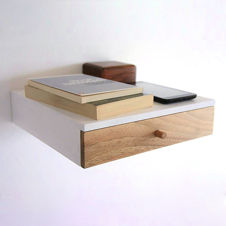 Solid Wood Floating Nightstand - Wall Mounted Rustic Modern Bedside Shelf Organizer