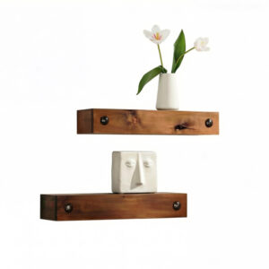 Farmhouse Walnut-Finished Floating Shelf with Decorative Metal Studs