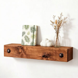 Farmhouse Walnut-Finished Floating Shelf with Decorative Metal Studs