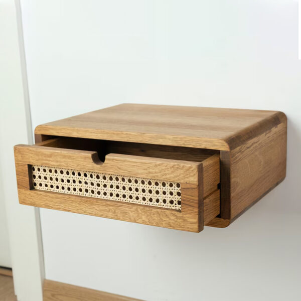Floating Oak Nightstand with Woven Rattan Drawer​