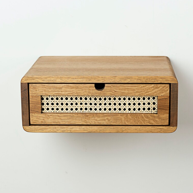 Floating Oak Nightstand with Woven Rattan Drawer​