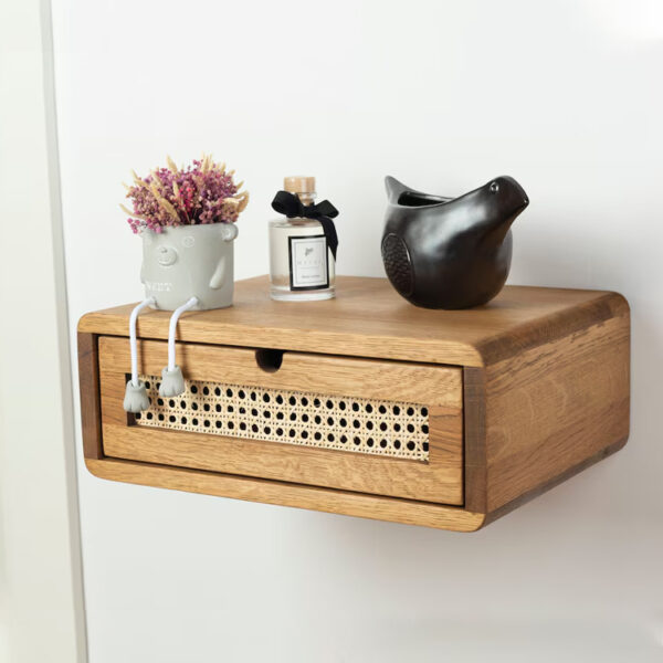 Floating Oak Nightstand with Woven Rattan Drawer​