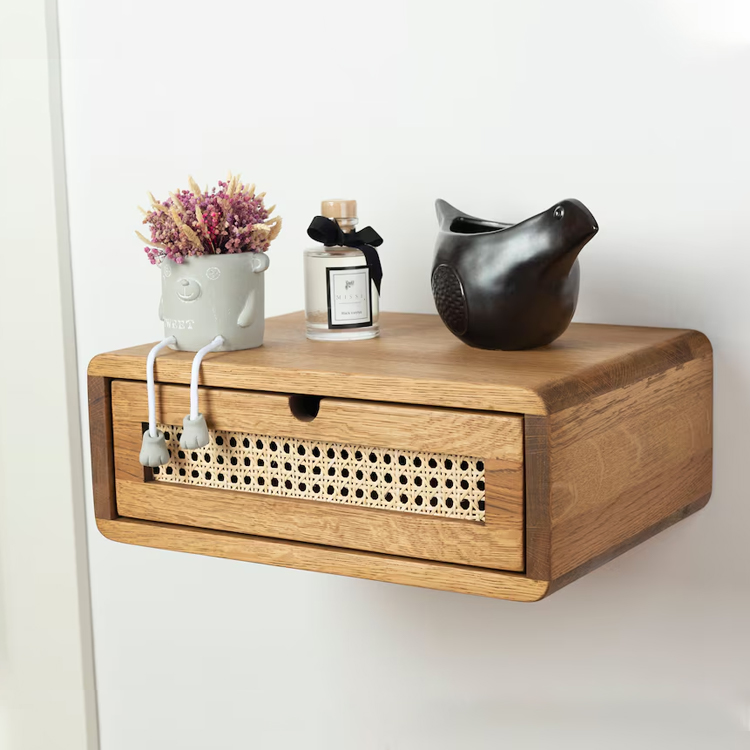 Floating Oak Nightstand with Woven Rattan Drawer​