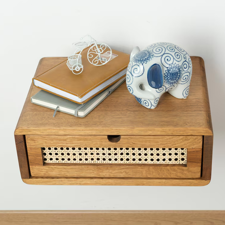 Floating Oak Nightstand with Woven Rattan Drawer​