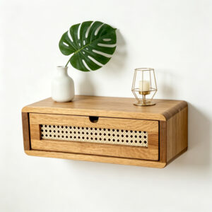 Floating Wood Nightstand with Woven Rattan Drawer​