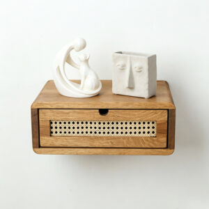 Solid Oak Floating Nightstand with Woven Rattan Drawer