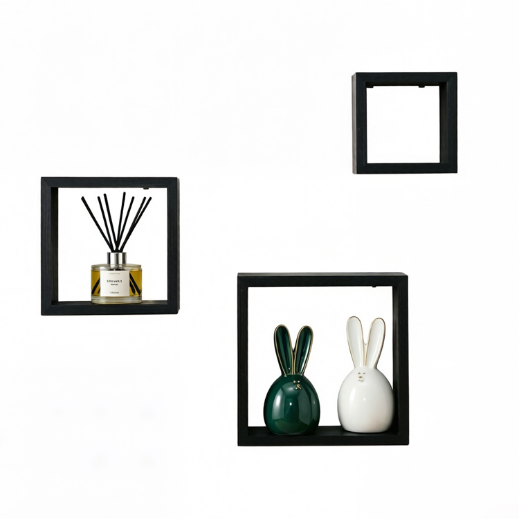 Set of 3 Geometric Square Wood Floating Cube Wall Shelves - Image 2