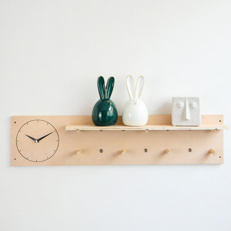 Nordic Wooden Pegboard Wall Shelf with Hooks and Dividers