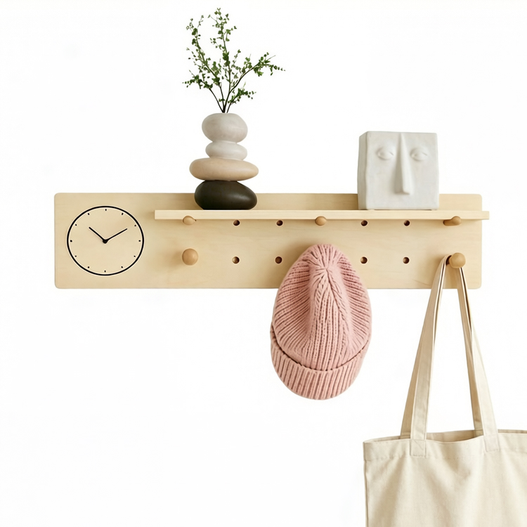 Nordic Wooden Pegboard Wall Shelf with Hooks and Dividers