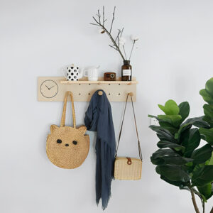 Nordic Wooden Pegboard Wall Shelf with Hooks and Dividers