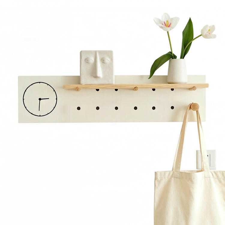 Nordic Wooden Pegboard Wall Shelf with Hooks and Dividers - Image 4