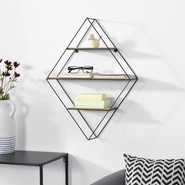 ​​3-Tier Geometric Wall Shelf with Metal Frame and Wooden Shelves​