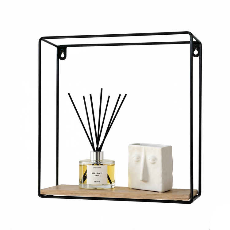 Square Metal and Wood Floating Shadow Box Wall Shelf
