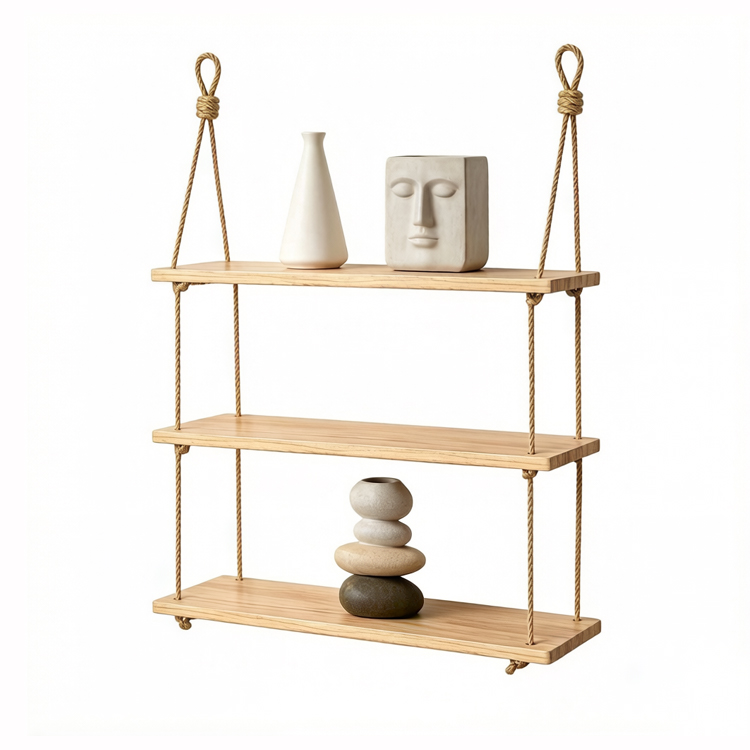 3-Tier Wooden Hanging Rope Shelf for Wall Display