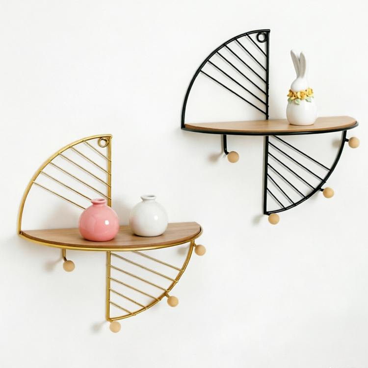 Geometric Half-Round Wall Shelf with Wooden Coat Hooks - Image 2