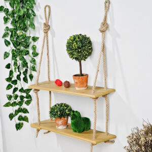 Two-Tier Modern Wood Wall Shelf with Rope Design