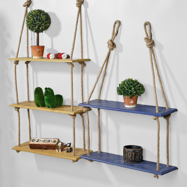 Two-Tier Modern Wood Wall Shelf with Rope Design