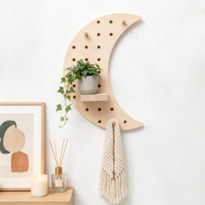 Wood Moon-Shaped Pegboard Shelf