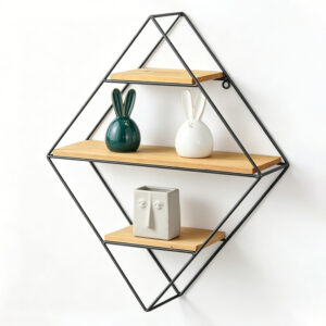 Geometrisches Wandregal im Industrial-Stil – Diamant-Form mit 3 Holz-Ebenen