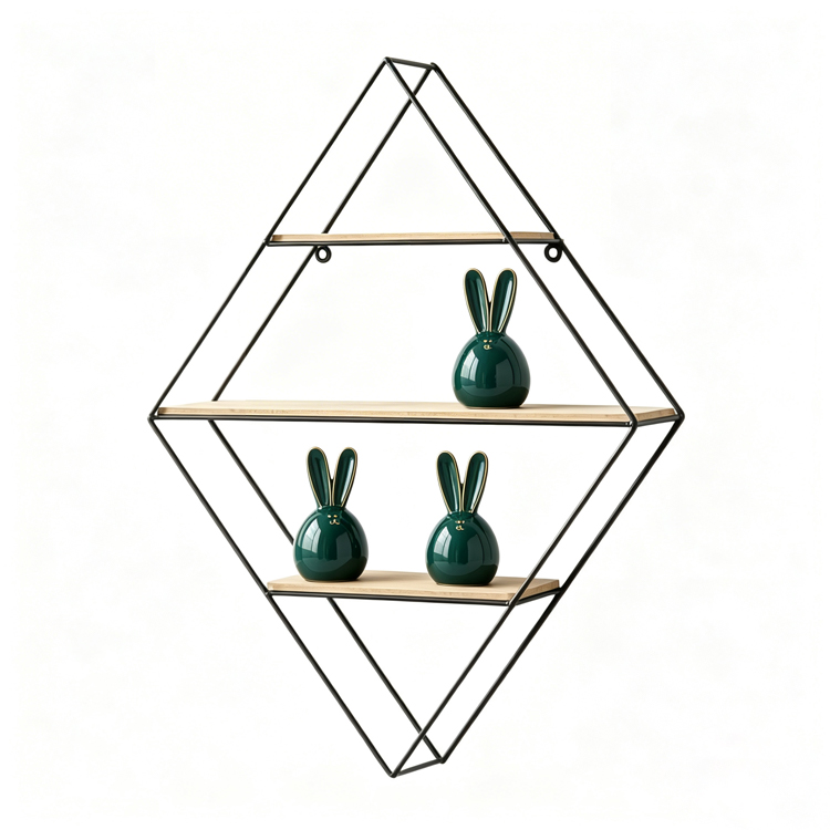 3-Tier Geometric Diamond Floating Wall Shelf with Solid Wood Inlays
