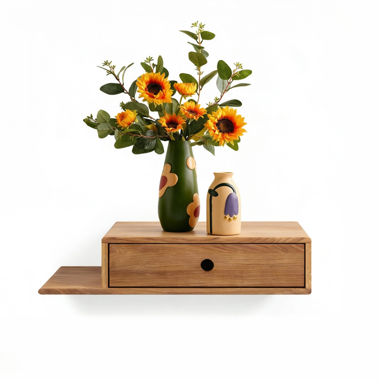 Floating Oak Nightstand with Drawer & Shelf