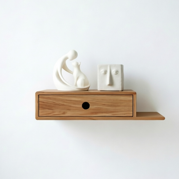 Floating Oak Nightstand with Drawer & Shelf