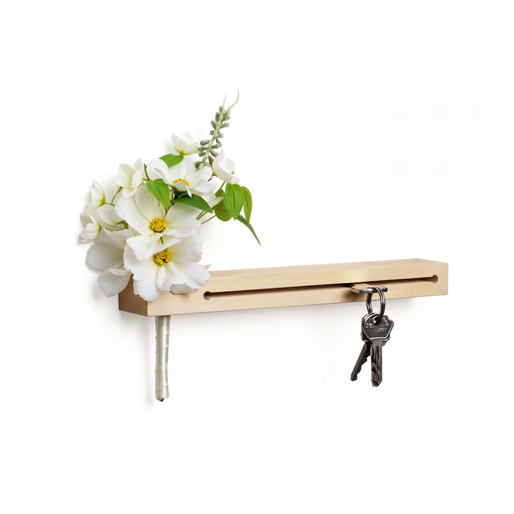 Wooden Wall-Mounted Key Holder with Flower Vase