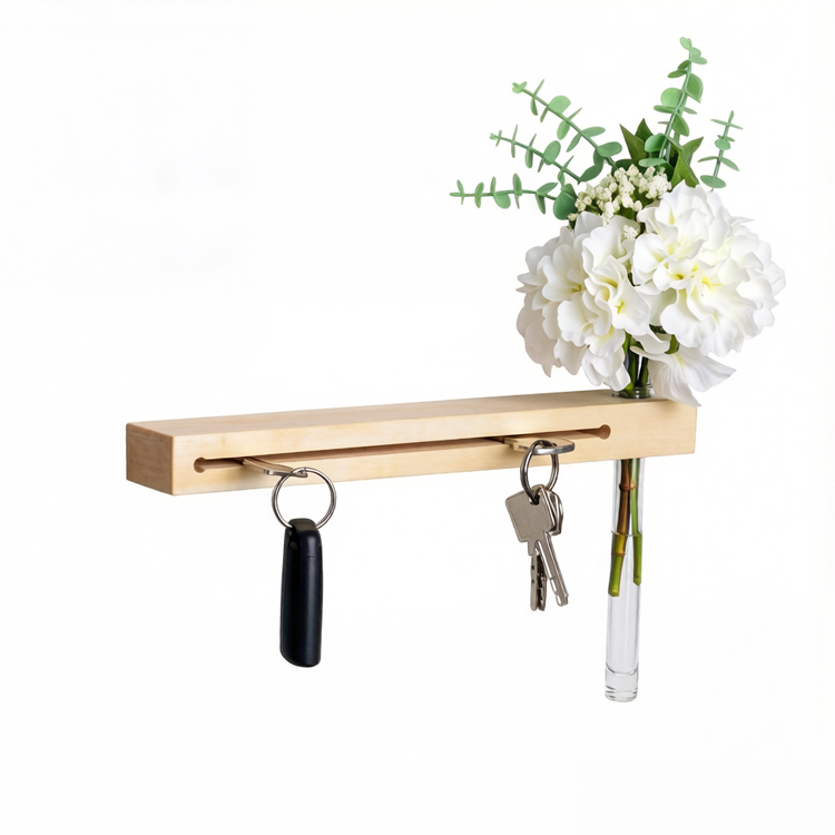 Wooden Wall-Mounted Key Holder with Flower Vase