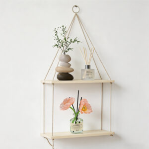 2-Tier Wooden Rope Hanging Shelf - Rustic Floating Wall Organizer