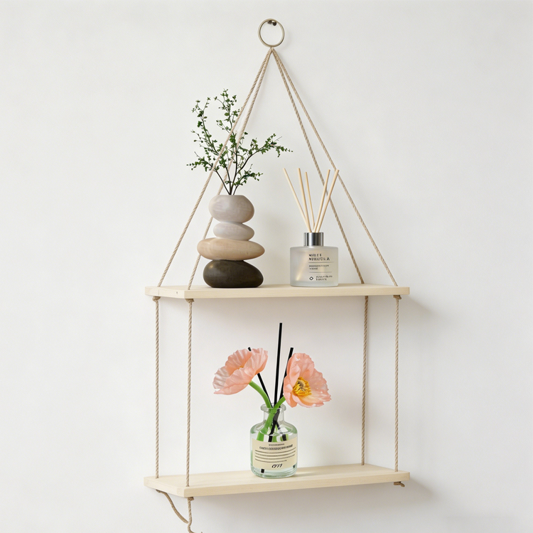 2-Tier Wooden Rope Hanging Shelf - Rustic Floating Wall Organizer