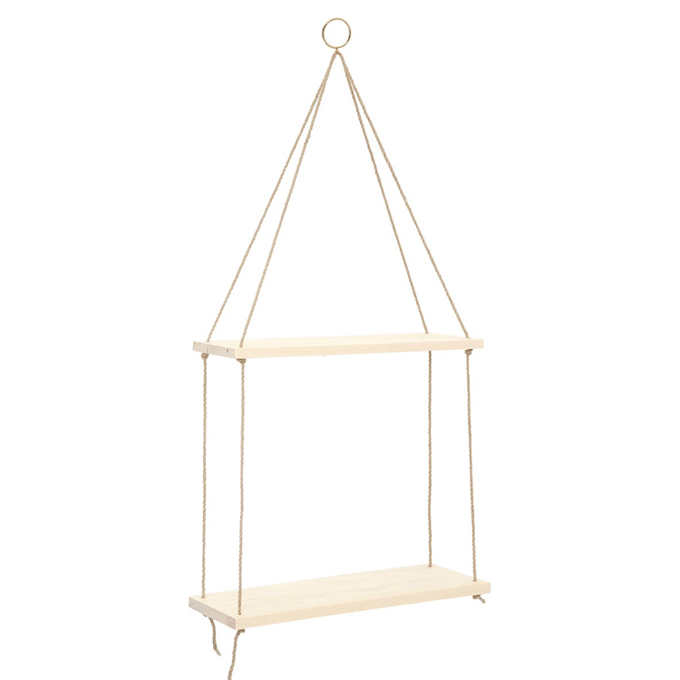 2-Tier Wooden Rope Hanging Shelf - Rustic Floating Wall Organizer