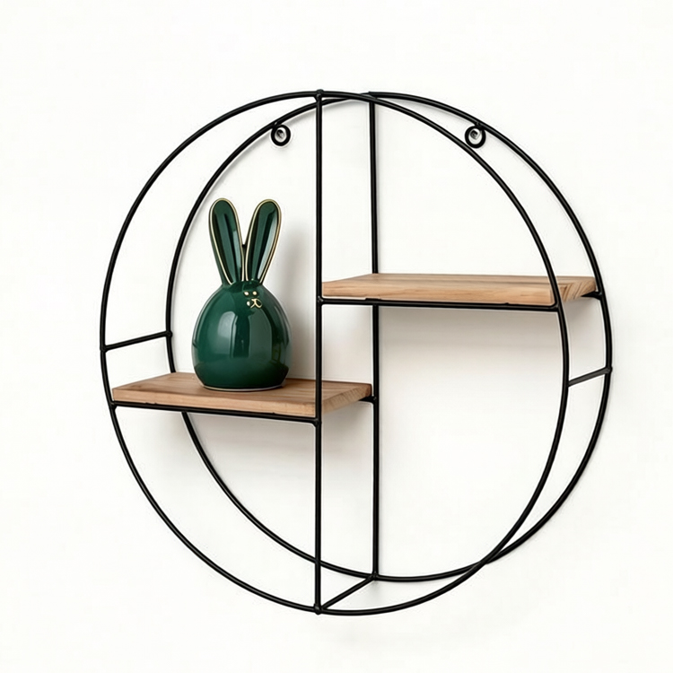 Circular Geometric Two-Tier Floating Wall Shelf with Wood Insets