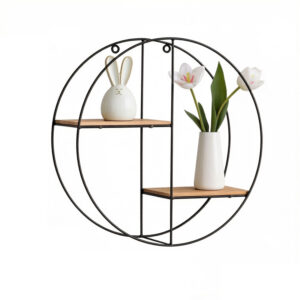 Circular Geometric Two-Tier Floating Wall Shelf with Wood Insets