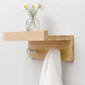 Modern L-Shaped Bamboo Wall Shelf with Integrated Hanging Pegs