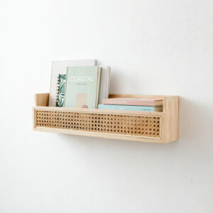 Natural Pine Wood & Woven Rattan Floating Wall Shelf