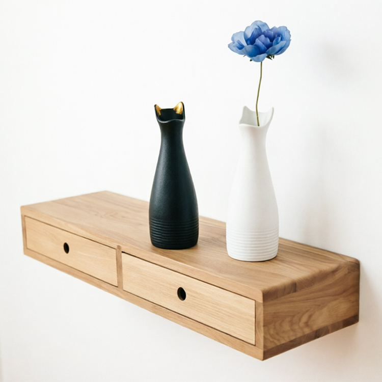 Solid Wood Floating Console Desk with Dual Drawers