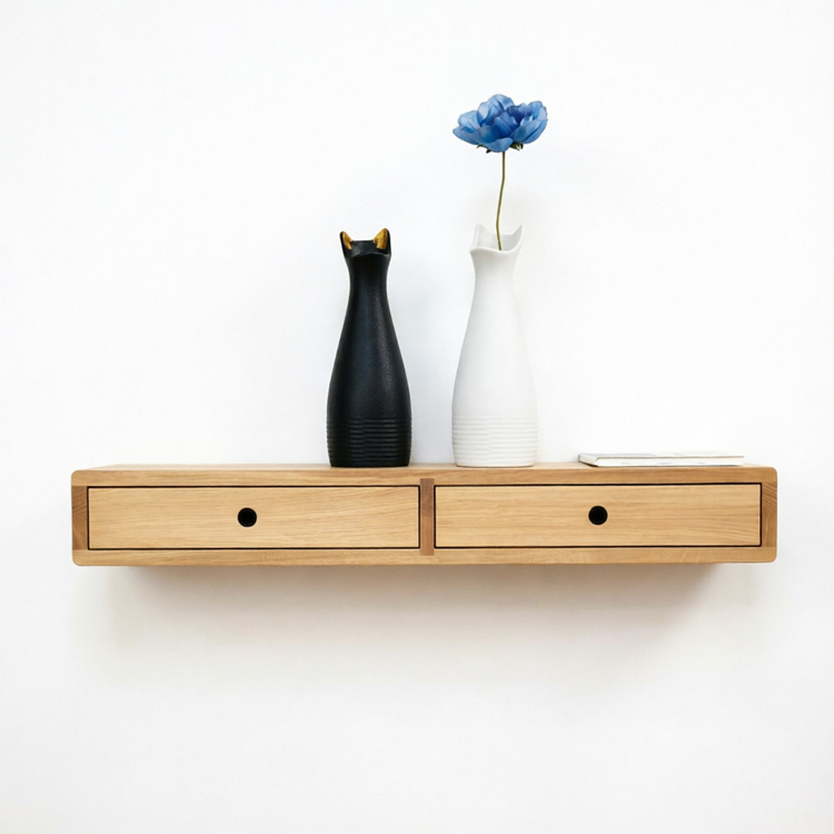 Solid Wood Floating Console Desk with Dual Drawers